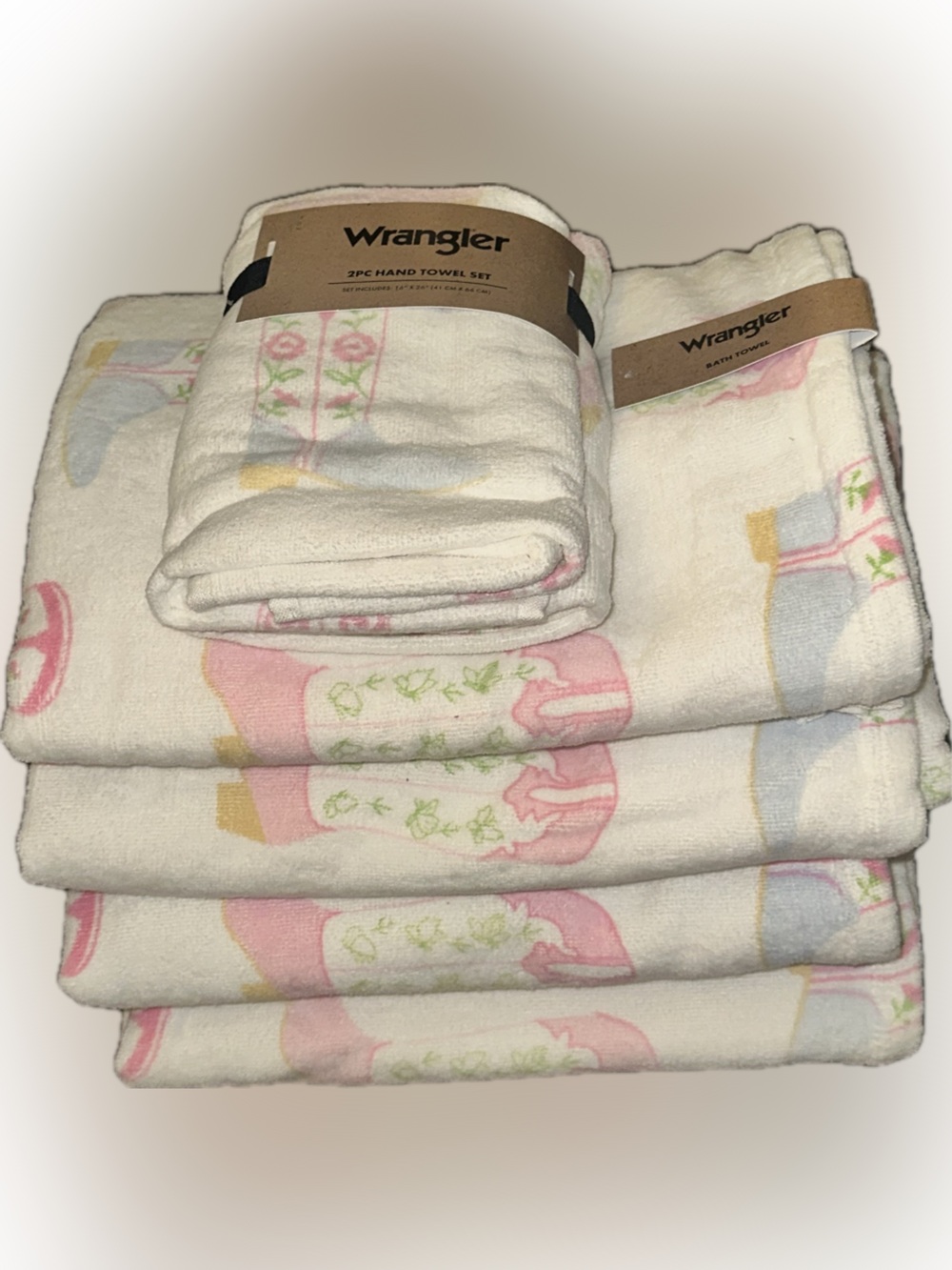 NWT Wrangler 6-piece Towel Set 4 Bath & 2 Hand Towels PRETTY BOOTS PINK Pattern